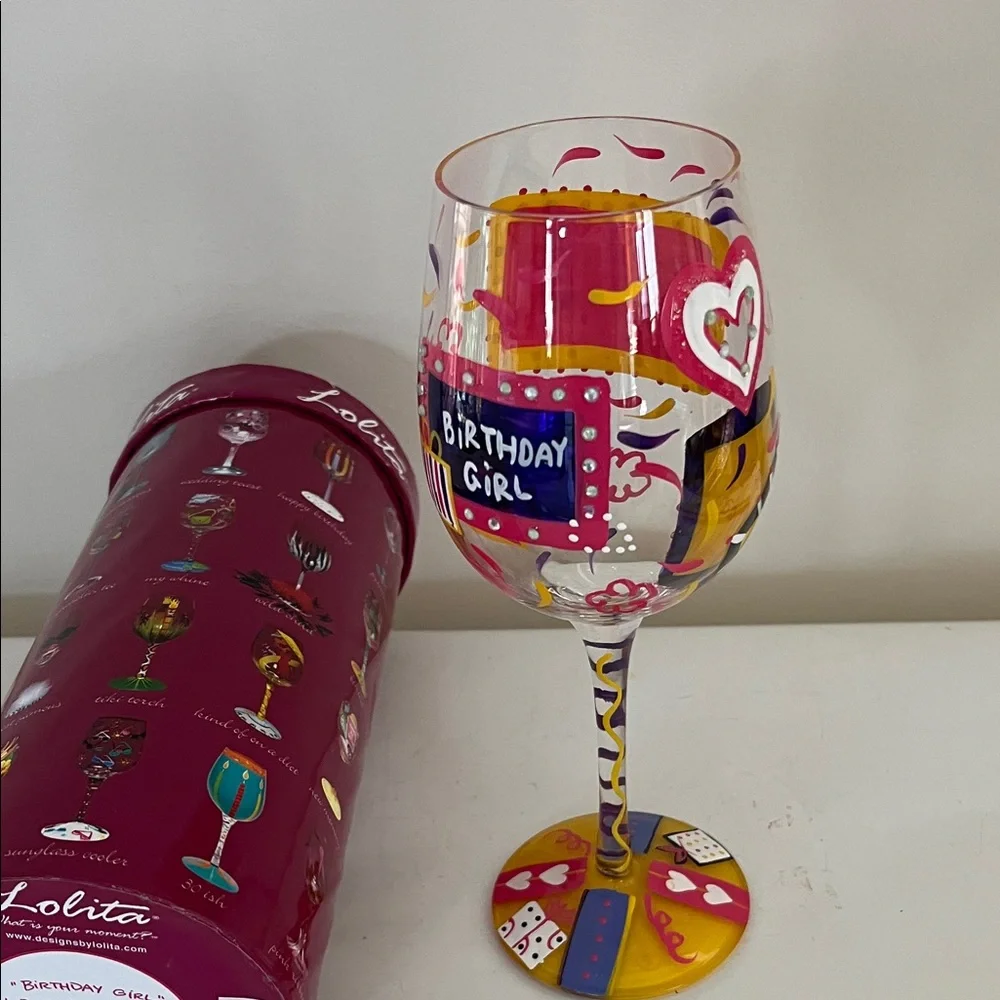 Lolita Birthday Girl 15 oz Wine Glass with Pink and Yellow Design